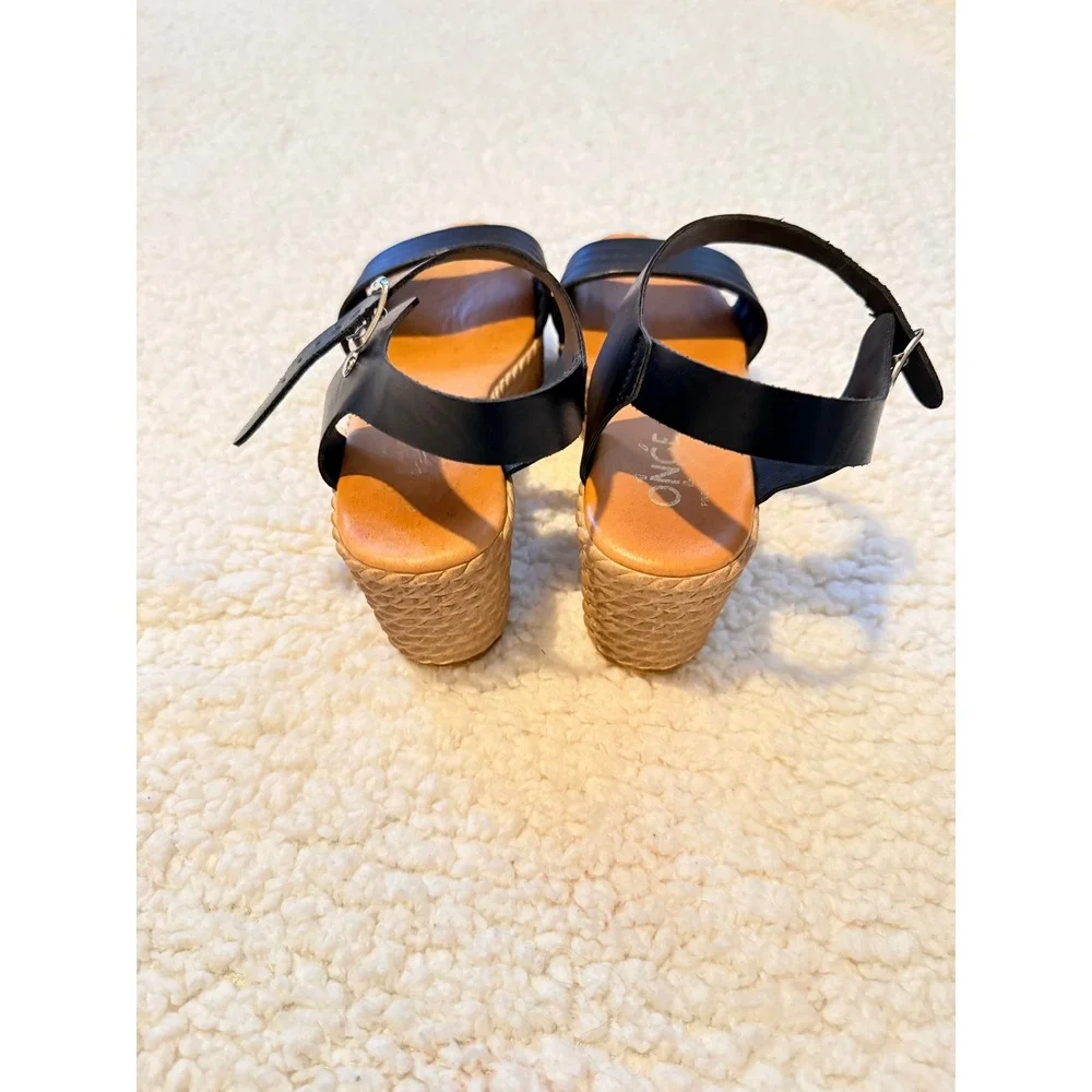 ONGE Black Italian Leather Platform Espadrille Wedge Sandals Vera Pelle Size 38